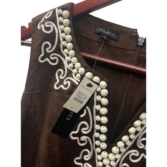 Talbots NWT Brown Linen with White Embroidery Sleeveless Shift Dress - Picture 5 of 8